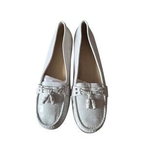 Stuart Weitzman White Croc Embossed Leather Tassel Loafers Size 7.5